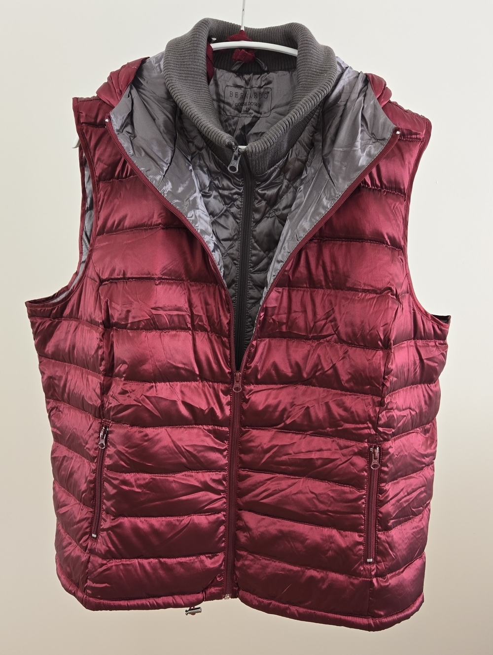 Bernardo Quilted Puffer Vest in Burgundy and Gray